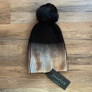 Jocelyn NWT Women’s Black Gold Metallic Faux Fur Beanie Winter Jacket OS